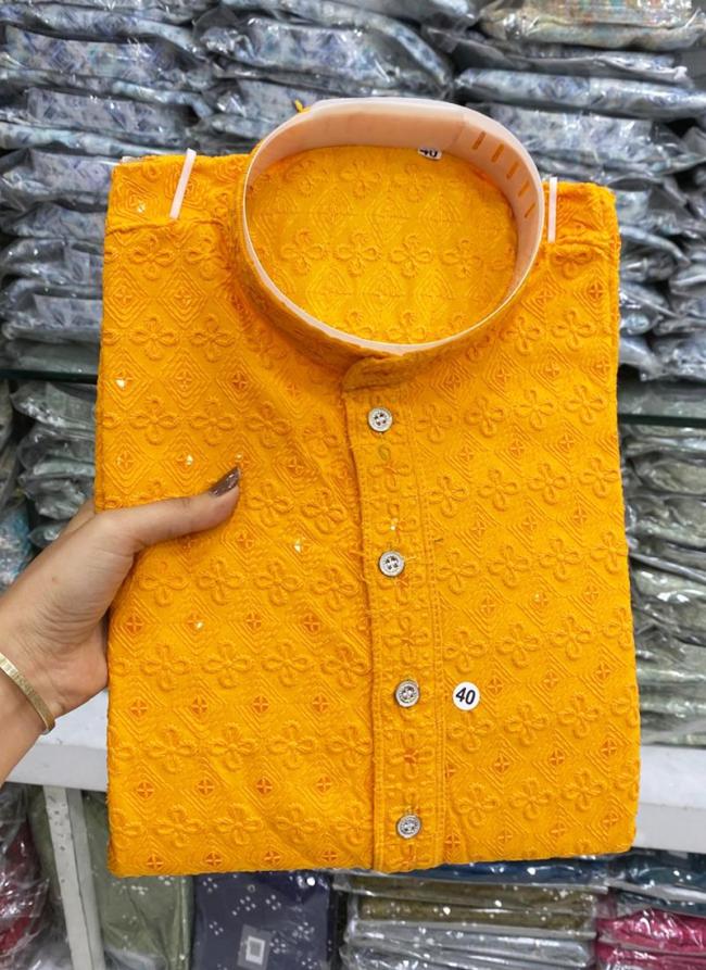 Rayon Yellow Casual Wear Thread Work Readymade Kurta Pajama